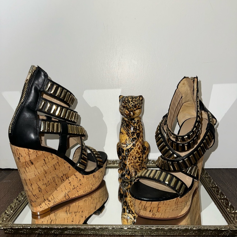 Bebe high tan platforms with black leather straps and gold details